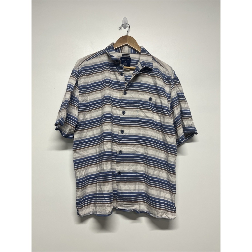 Trust Shirt Mens Size XL Linen Rayon Short Sleeve Striped Button Up Chest Pocket